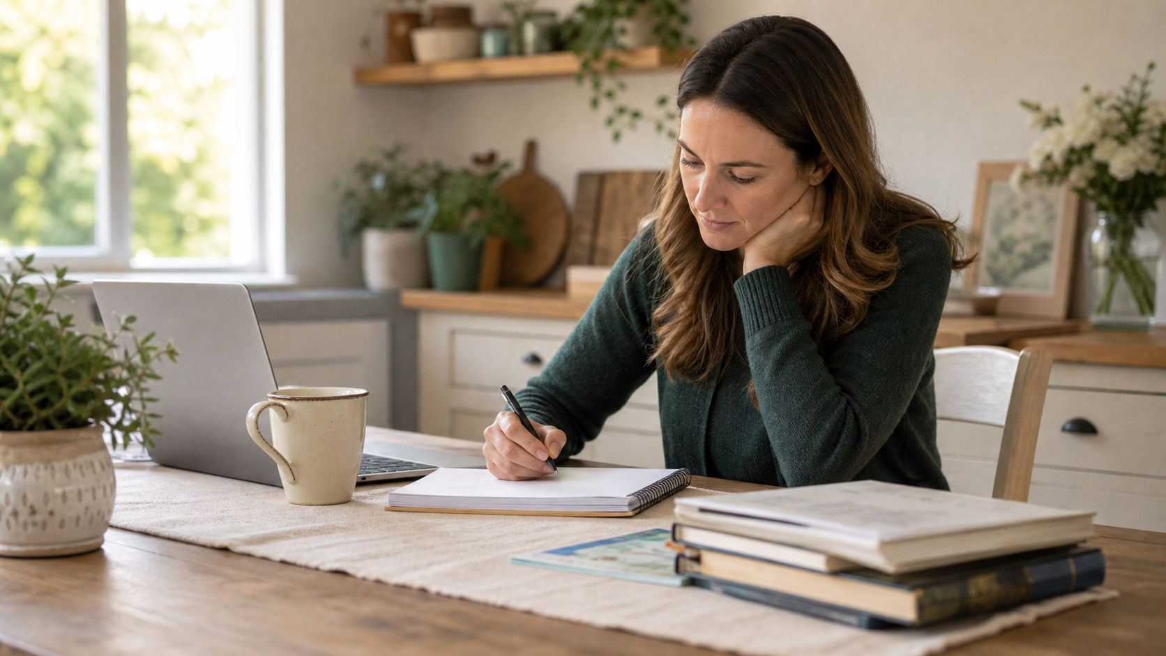 A homeschool parent writing in a notebook during a quiet reflective moment.