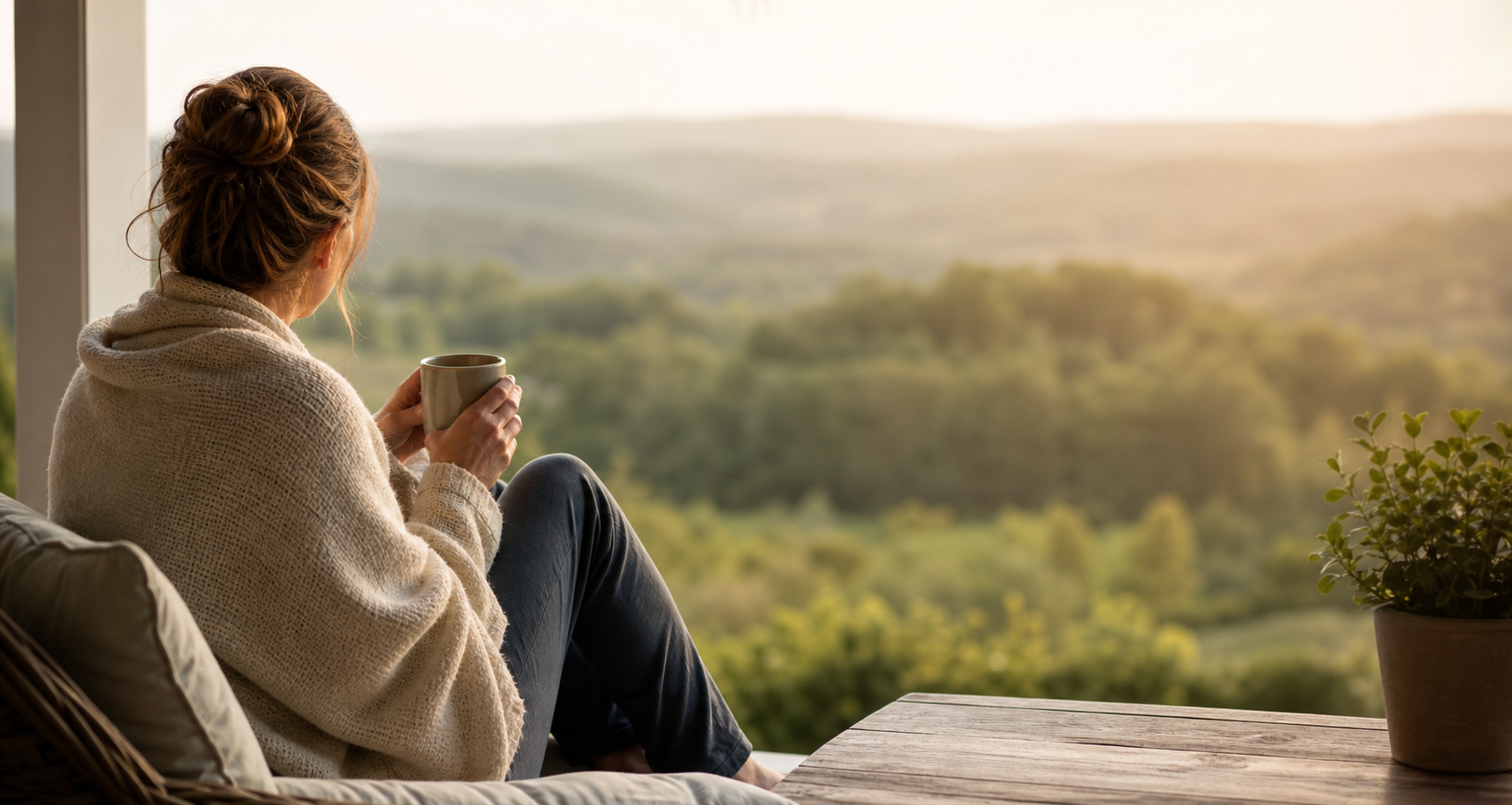 A parent holding a warm drink while looking over a peaceful landscape.